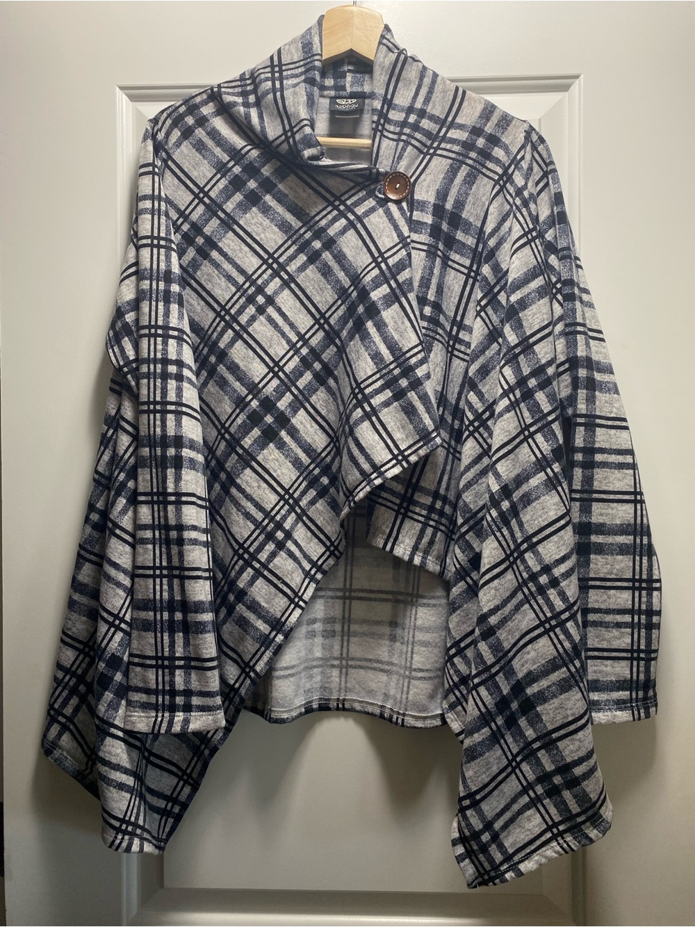 Bobeau L Open Front One Button Plaid Wrap Shawl Sweater